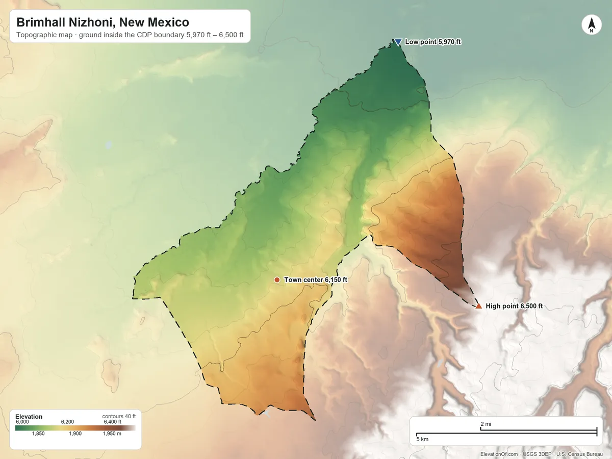 Topographic elevation map of Brimhall Nizhoni, New Mexico, shaded from 5,970 ft on the northeast side to 6,500 ft on the east side