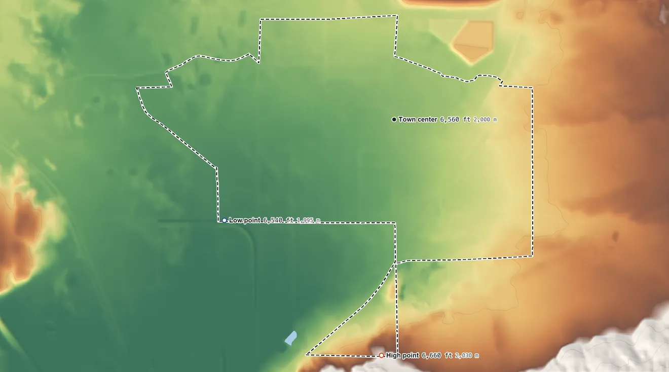 Topographic elevation map of Broadview, New Mexico, shaded from 6,540 ft on the southwest side to 6,660 ft at the foot of the San Mateo Mountains