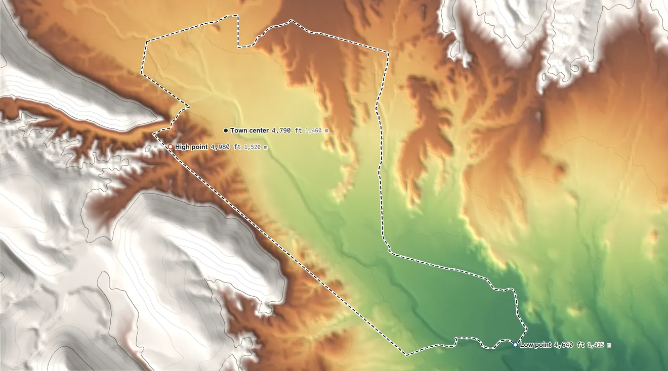 Topographic elevation map of Buckhorn, New Mexico, shaded from 4,640 ft on the southeast side to 4,980 ft at the foot of the Mule Mountains