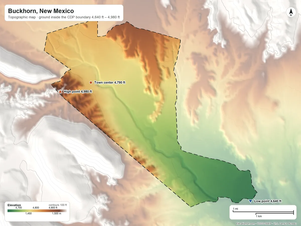 Topographic elevation map of Buckhorn, New Mexico, shaded from 4,640 ft on the southeast side to 4,980 ft at the foot of the Mule Mountains