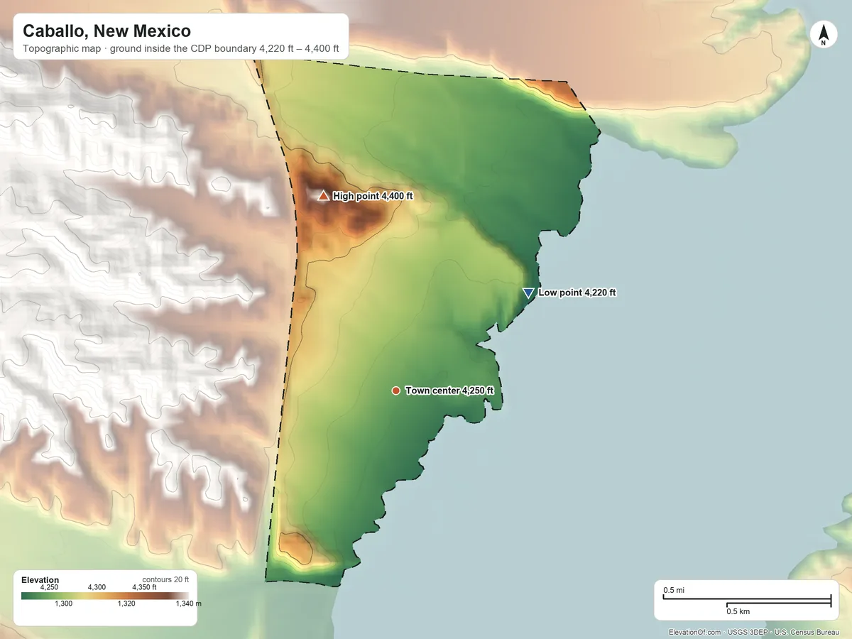 Topographic elevation map of Caballo, New Mexico, shaded from 4,220 ft on the northeast side to 4,400 ft on the north side