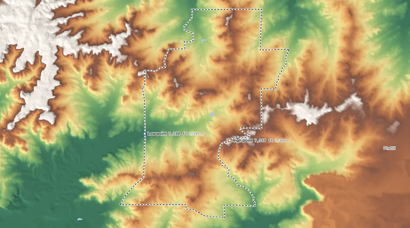 Topographic elevation map of Candy Kitchen, New Mexico, shaded from 7,200 ft on the west side to 7,540 ft on the southeast side
