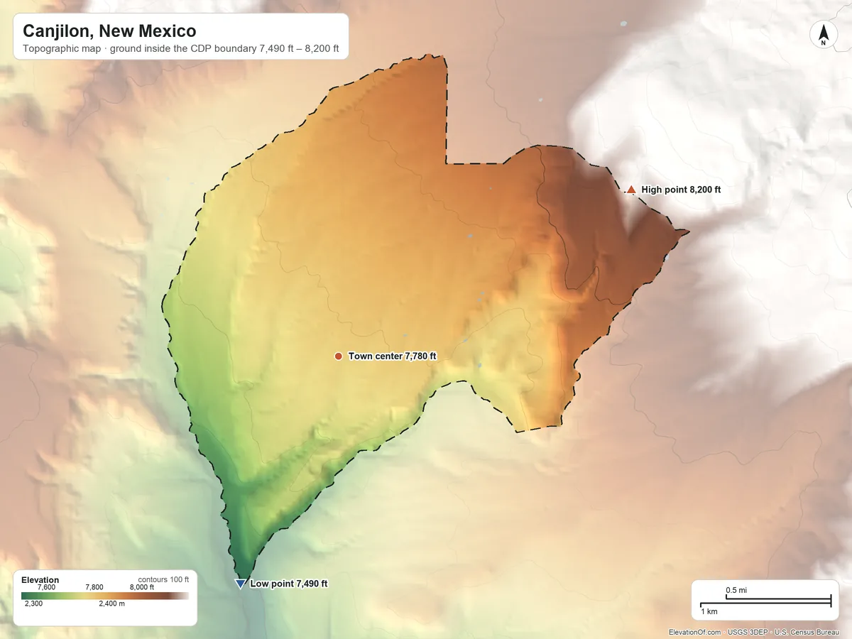 Topographic elevation map of Canjilon, New Mexico, shaded from 7,490 ft on the southwest side to 8,200 ft at the foot of the Tusas Mountains