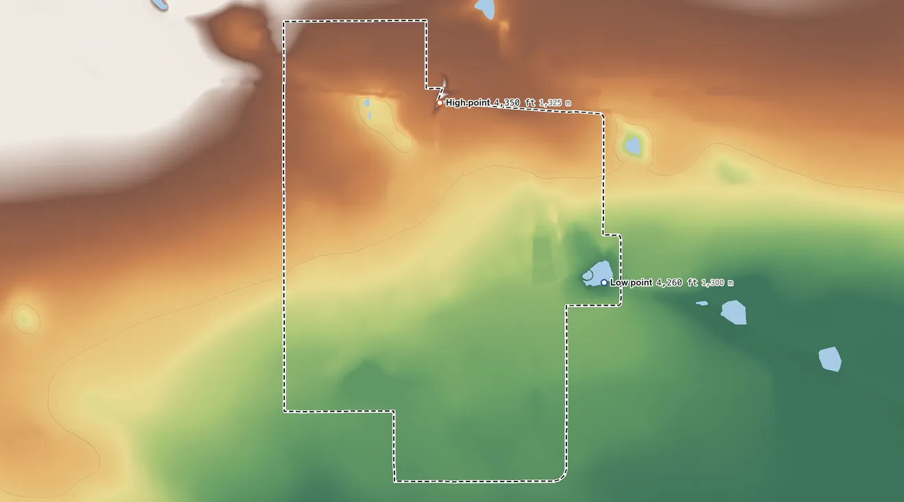 Topographic elevation map of Cannon AFB, New Mexico, shaded from 4,260 ft on the southeast side to 4,350 ft on the east side