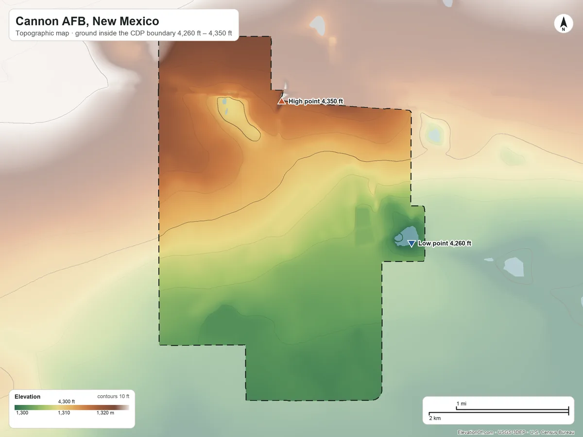 Topographic elevation map of Cannon AFB, New Mexico, shaded from 4,260 ft on the southeast side to 4,350 ft on the east side