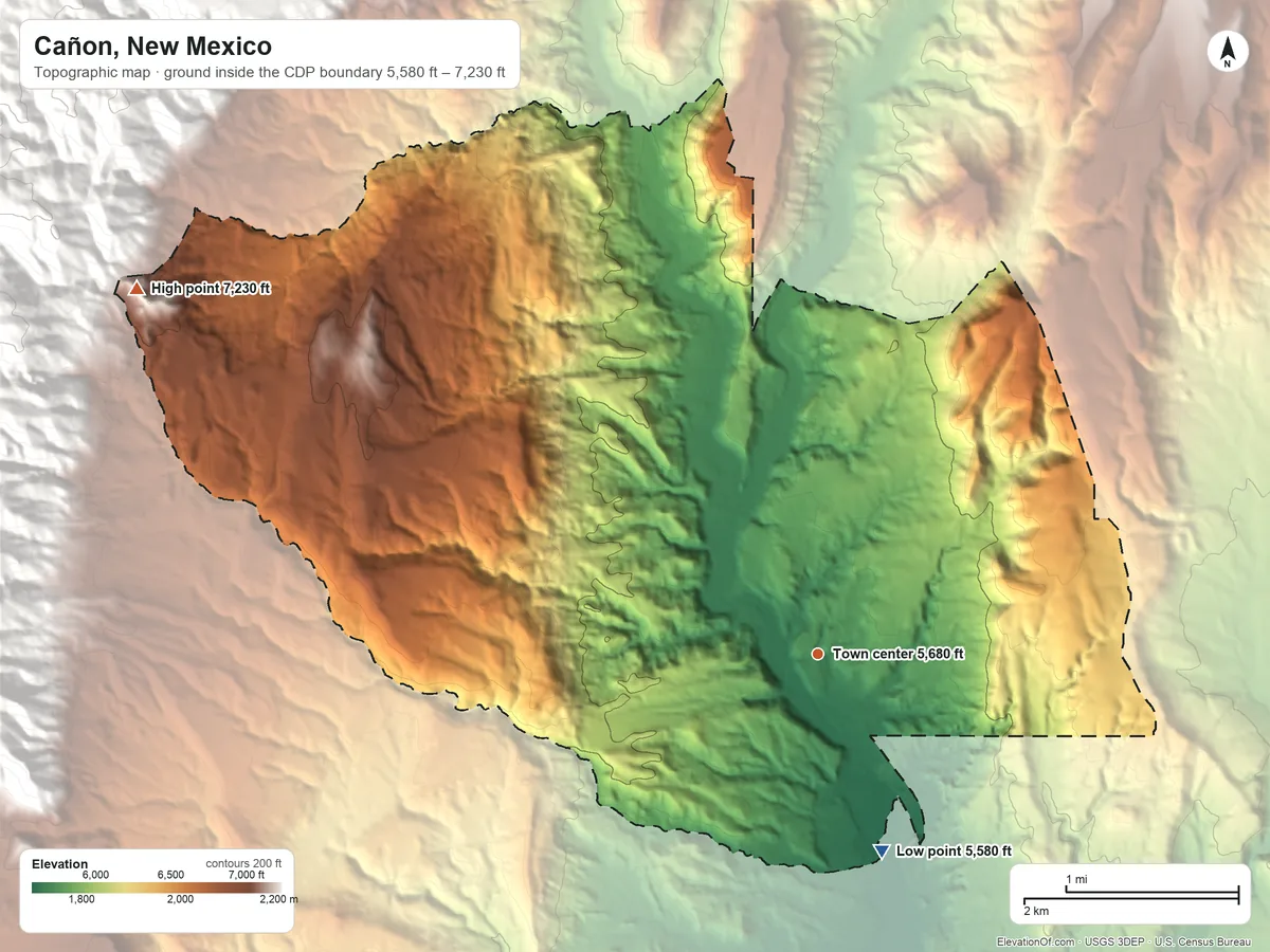 Topographic elevation map of Cañon, New Mexico, shaded from 5,580 ft on the south side to 7,230 ft at the foot of the Sierra Nacimiento