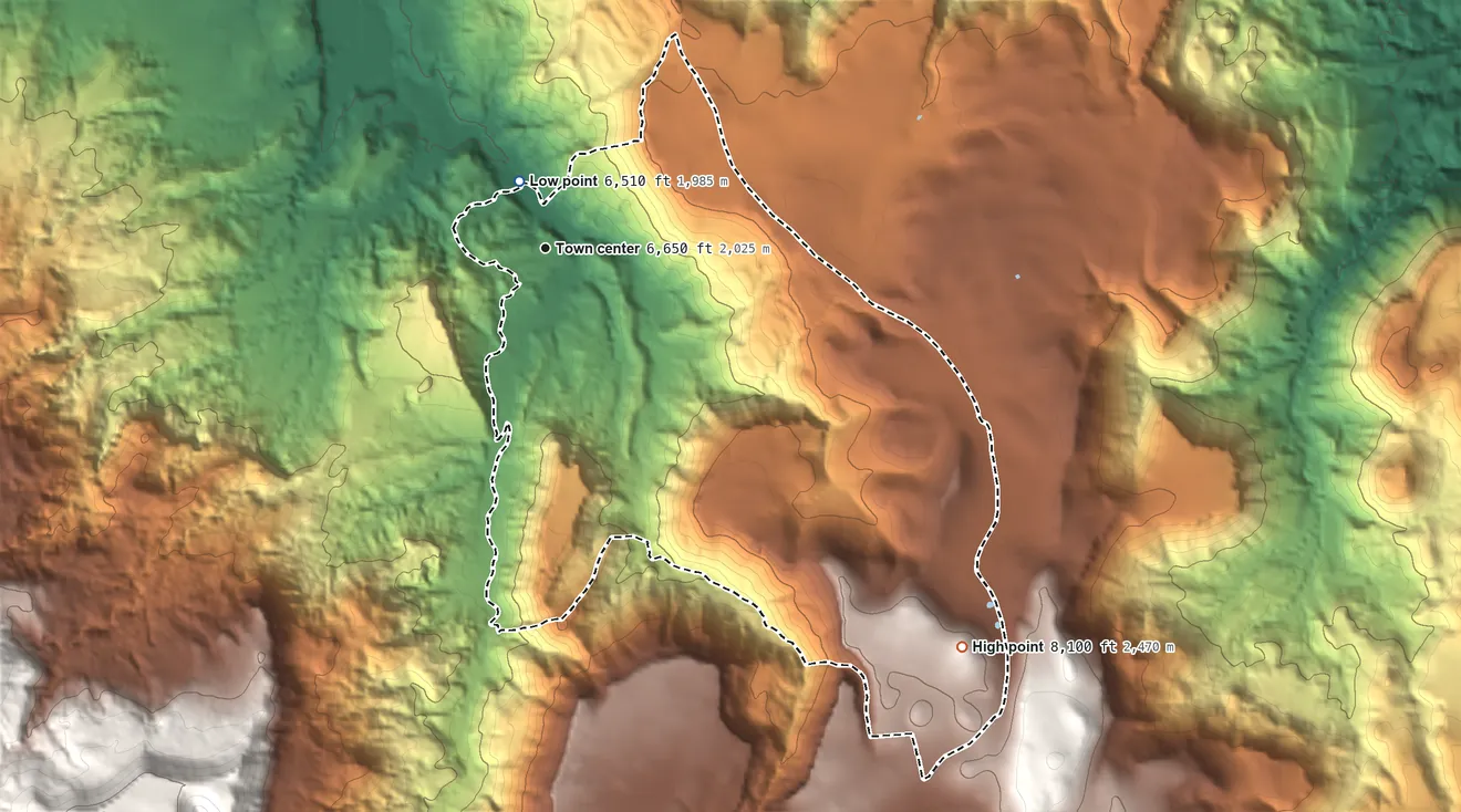 Topographic elevation map of Cañones, New Mexico, shaded from 6,510 ft near the middle to 8,100 ft at the foot of the Sierra de Toledo