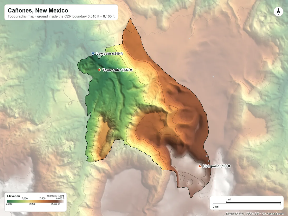 Topographic elevation map of Cañones, New Mexico, shaded from 6,510 ft near the middle to 8,100 ft at the foot of the Sierra de Toledo