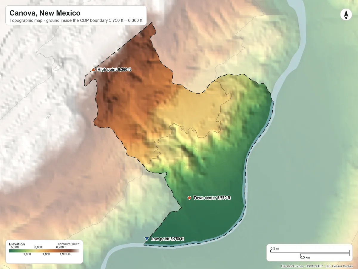 Topographic elevation map of Canova, New Mexico, shaded from 5,750 ft on the southwest side to 6,360 ft at the foot of the La Madera Mountains