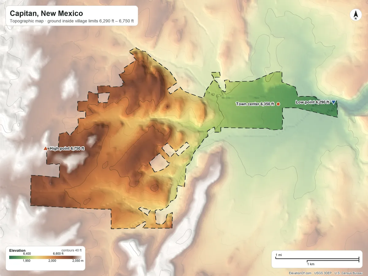 Topographic elevation map of Capitan, New Mexico, shaded from 6,290 ft on the east side to 6,750 ft at the foot of the Vera Cruz Mountains