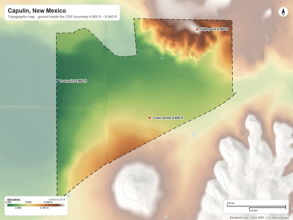 Topographic elevation map of Capulin, New Mexico, shaded from 6,800 ft on the west side to 6,940 ft on the northeast edge, below higher ground just outside