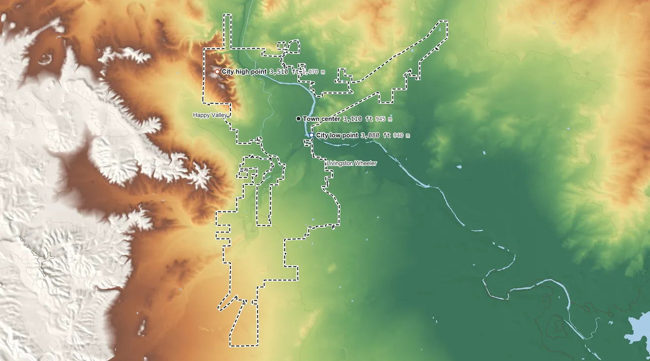 Topographic elevation map of Carlsbad, New Mexico, shaded from 3,080 ft near the middle to 3,510 ft on the northwest side