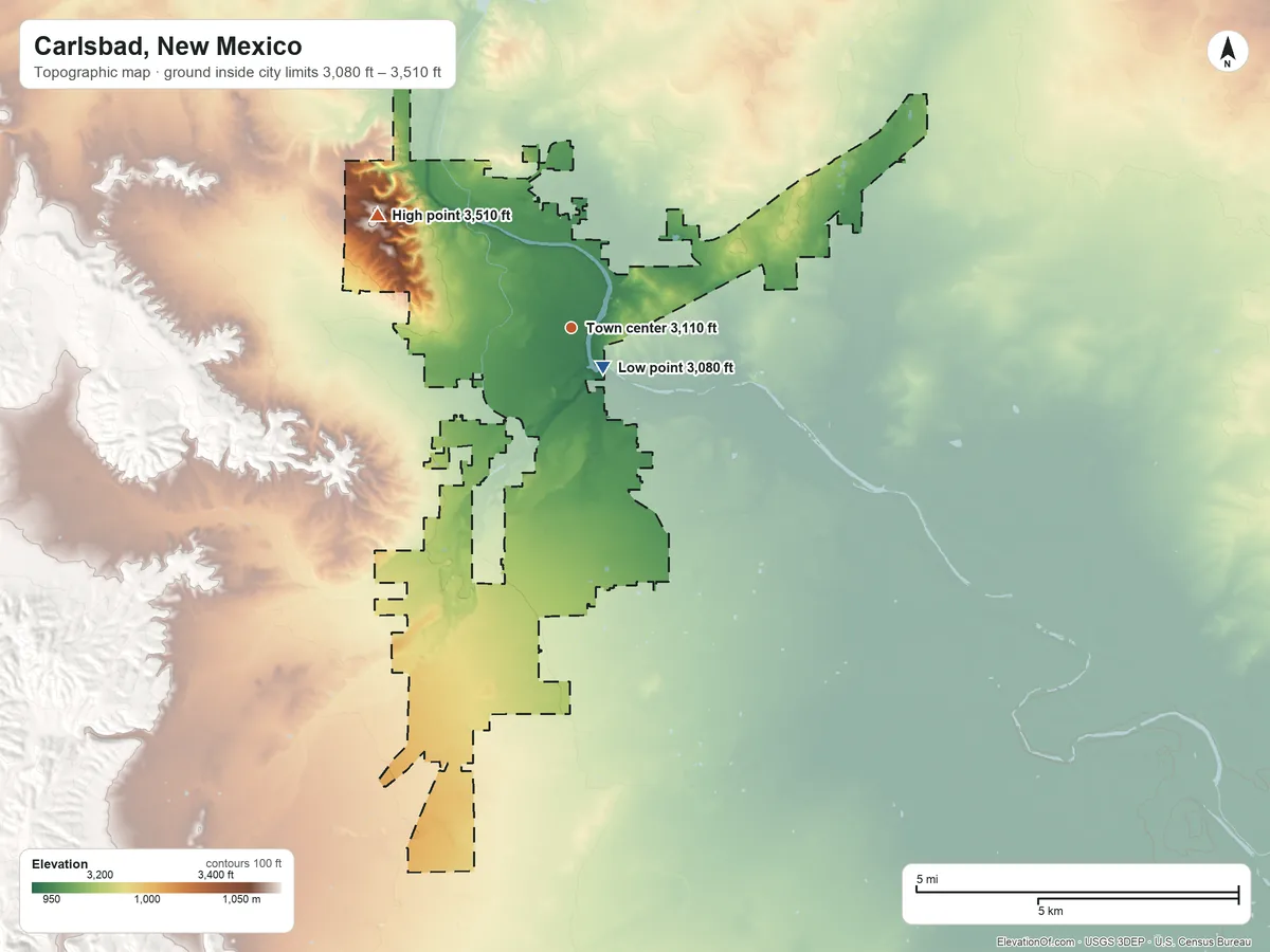 Topographic elevation map of Carlsbad, New Mexico, shaded from 3,080 ft near the middle to 3,510 ft on the northwest side