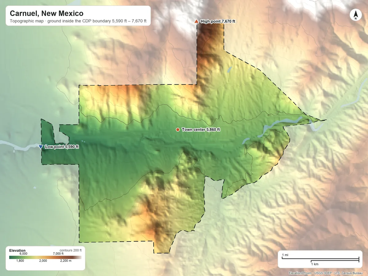 Topographic elevation map of Carnuel, New Mexico, shaded from 5,590 ft on the west side to 7,670 ft at the foot of the Sandia Mountains
