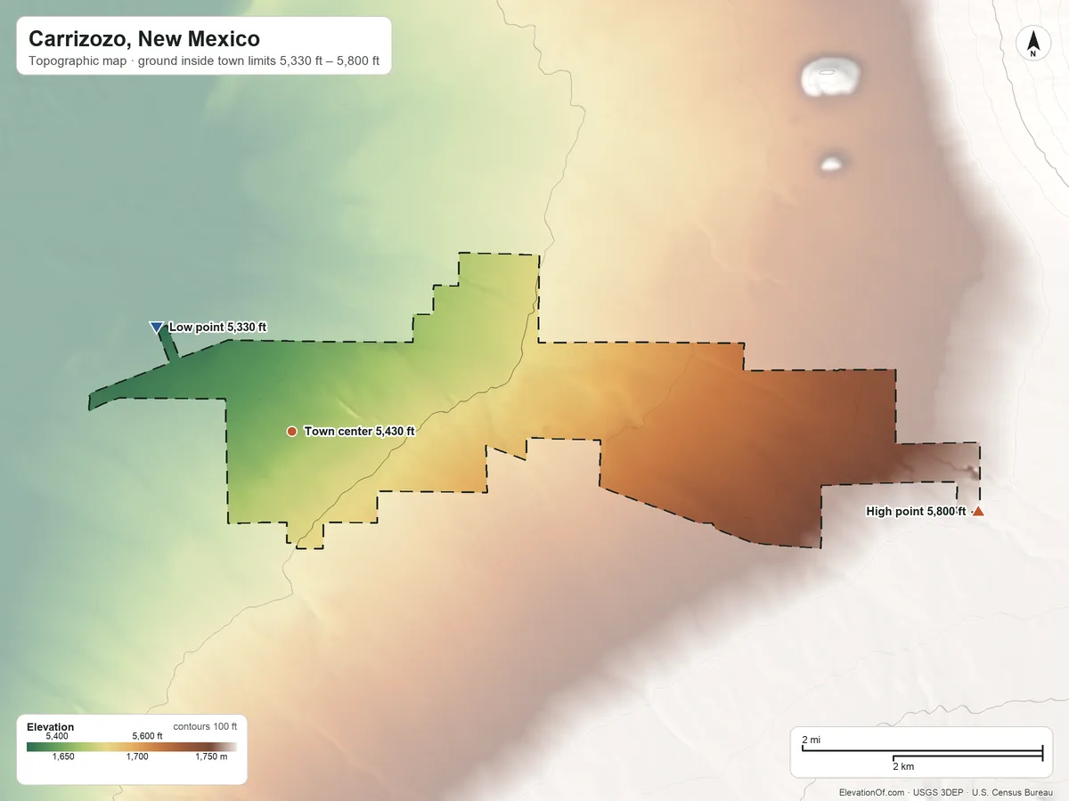 Topographic elevation map of Carrizozo, New Mexico, shaded from 5,330 ft on the northwest side to 5,800 ft on the east side