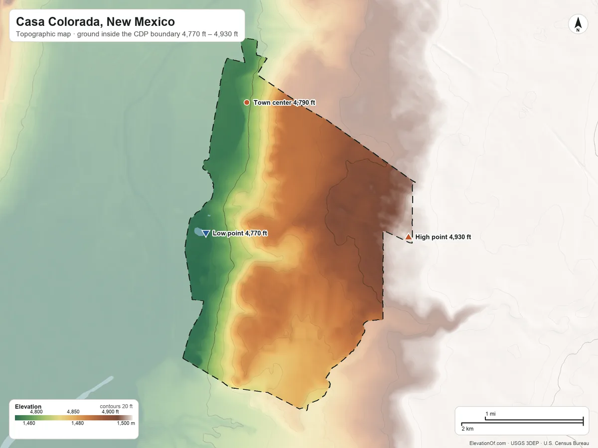 Topographic elevation map of Casa Colorada, New Mexico, shaded from 4,770 ft on the south side to 4,930 ft on the southeast side