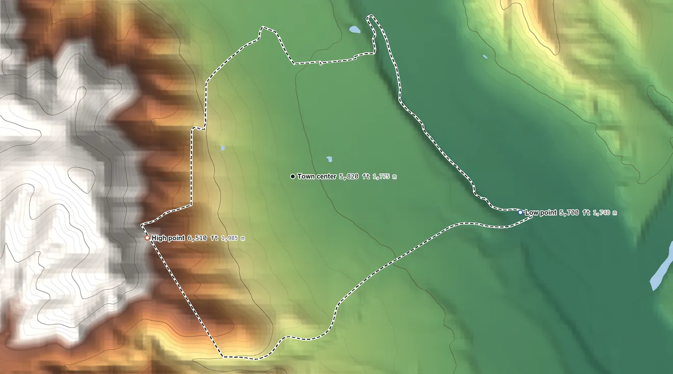 Topographic elevation map of Casas Adobes, New Mexico, shaded from 5,700 ft on the east side to 6,510 ft at the foot of the Mimbres Mountains