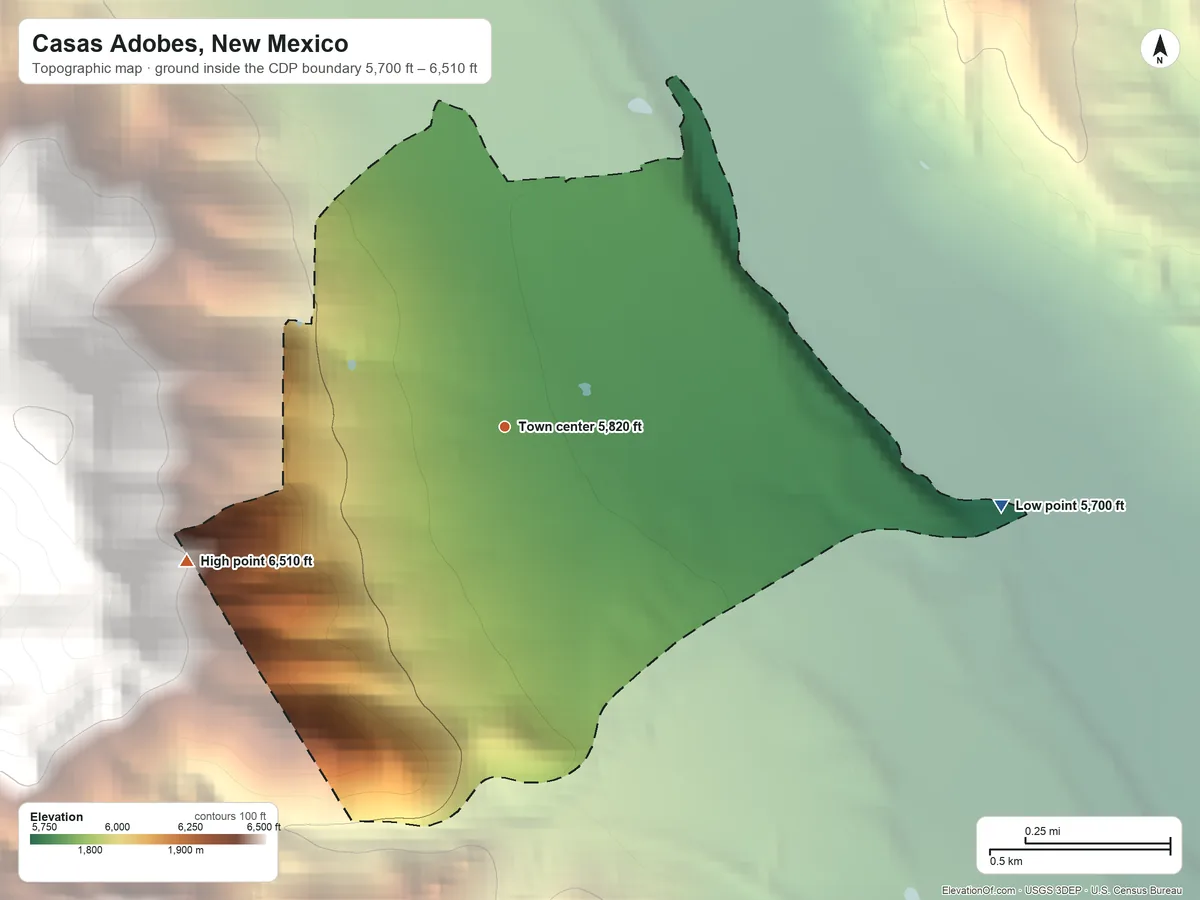 Topographic elevation map of Casas Adobes, New Mexico, shaded from 5,700 ft on the east side to 6,510 ft at the foot of the Mimbres Mountains