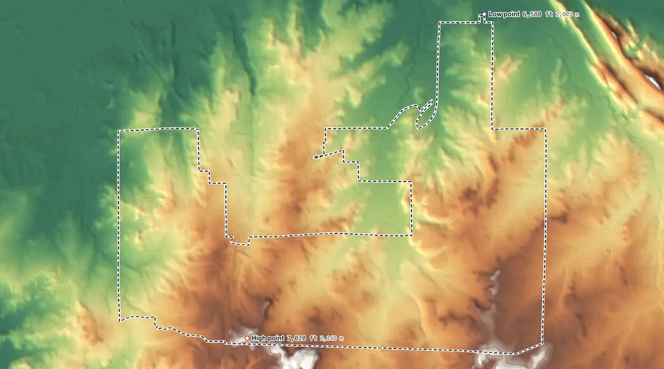 Topographic elevation map of Catalpa Canyon, New Mexico, shaded from 6,580 ft on the northeast side to 7,020 ft on the southwest side