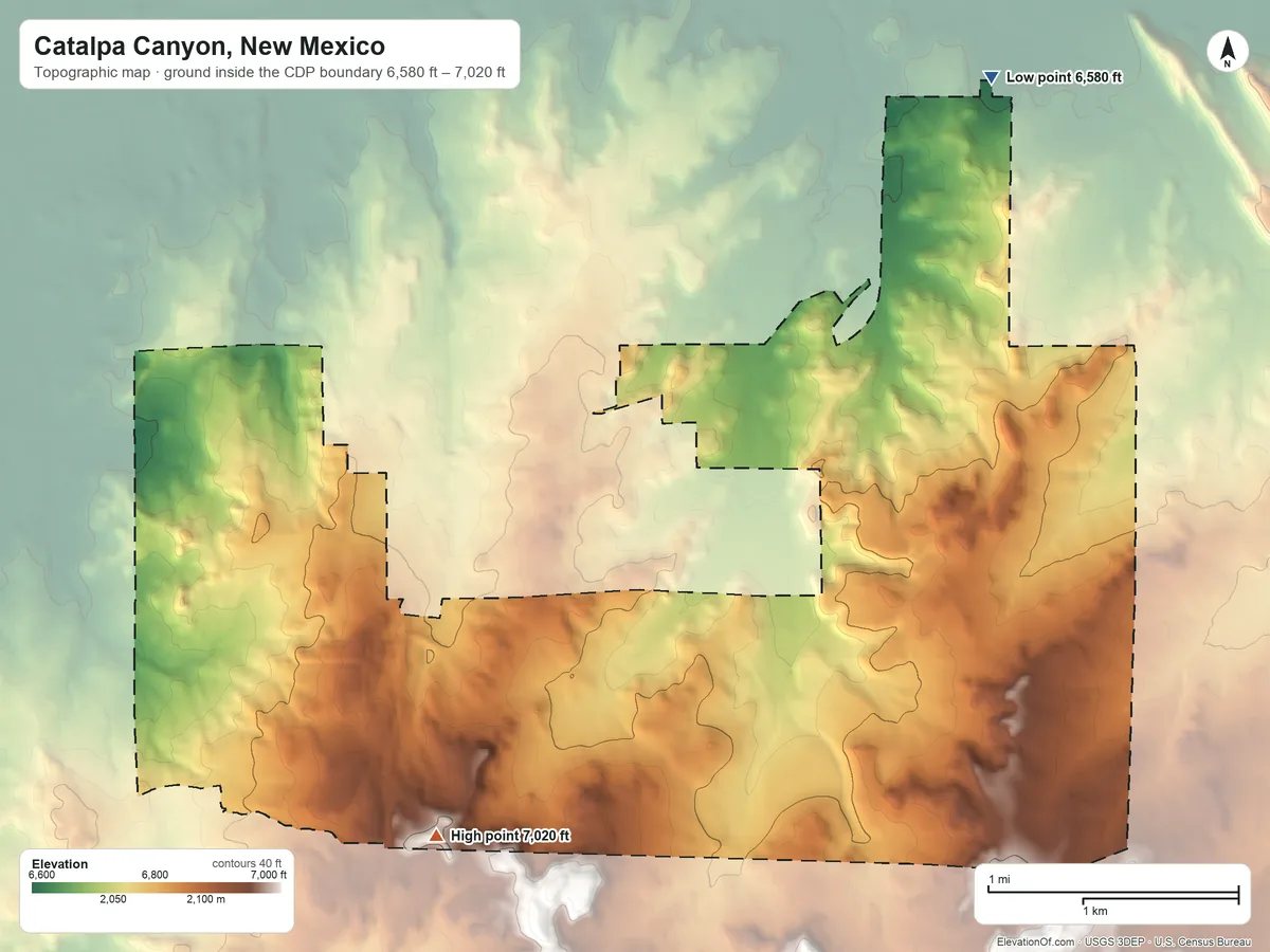 Topographic elevation map of Catalpa Canyon, New Mexico, shaded from 6,580 ft on the northeast side to 7,020 ft on the southwest side