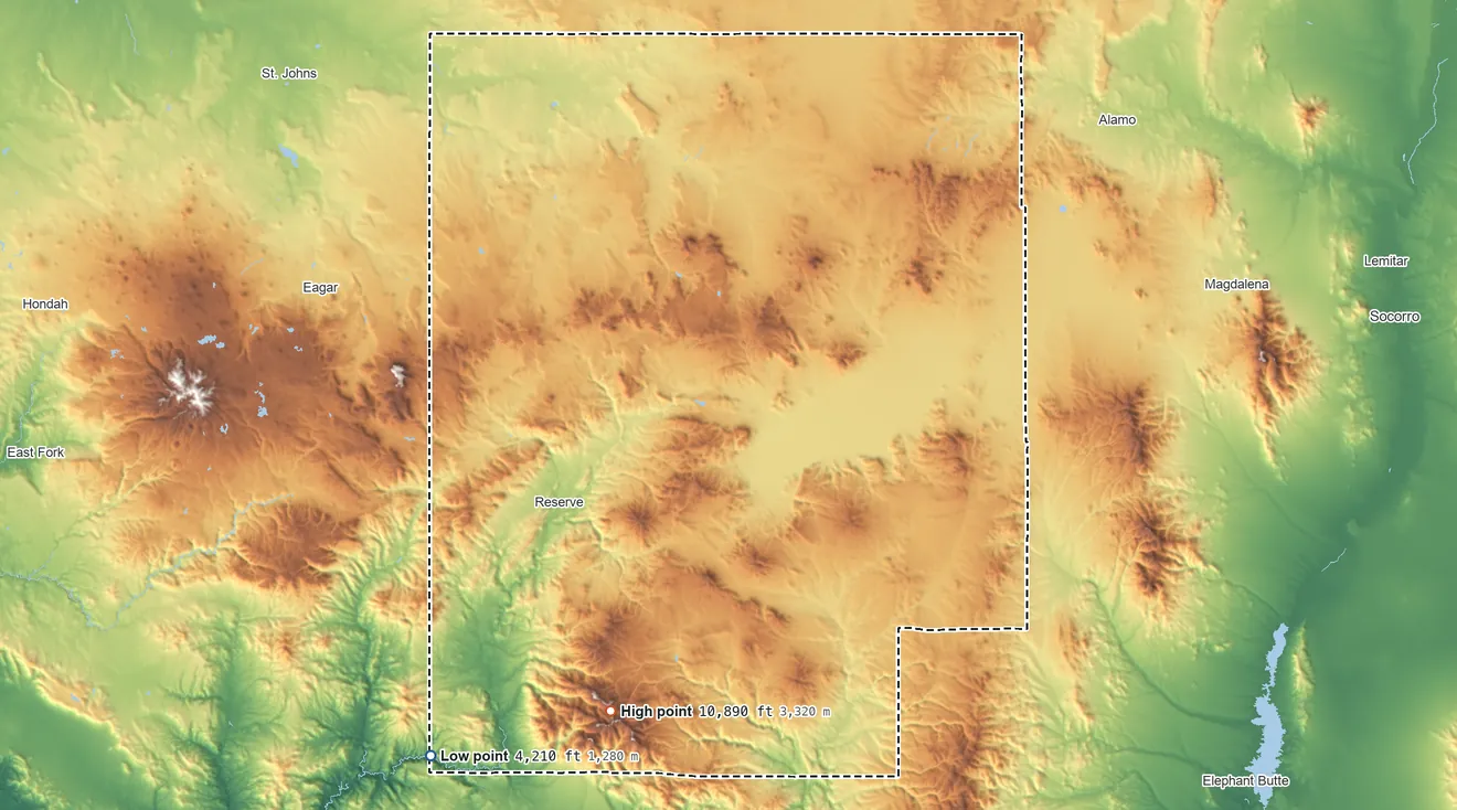 Topographic elevation map of Catron County, New Mexico, shaded from 4,210 ft on the southwest side to 10,890 ft on Whitewater Baldy