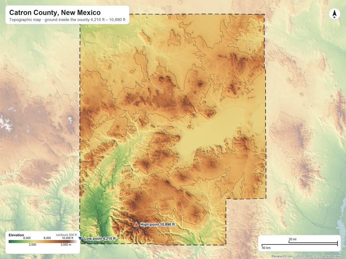 Topographic elevation map of Catron County, New Mexico, shaded from 4,210 ft on the southwest side to 10,890 ft on Whitewater Baldy