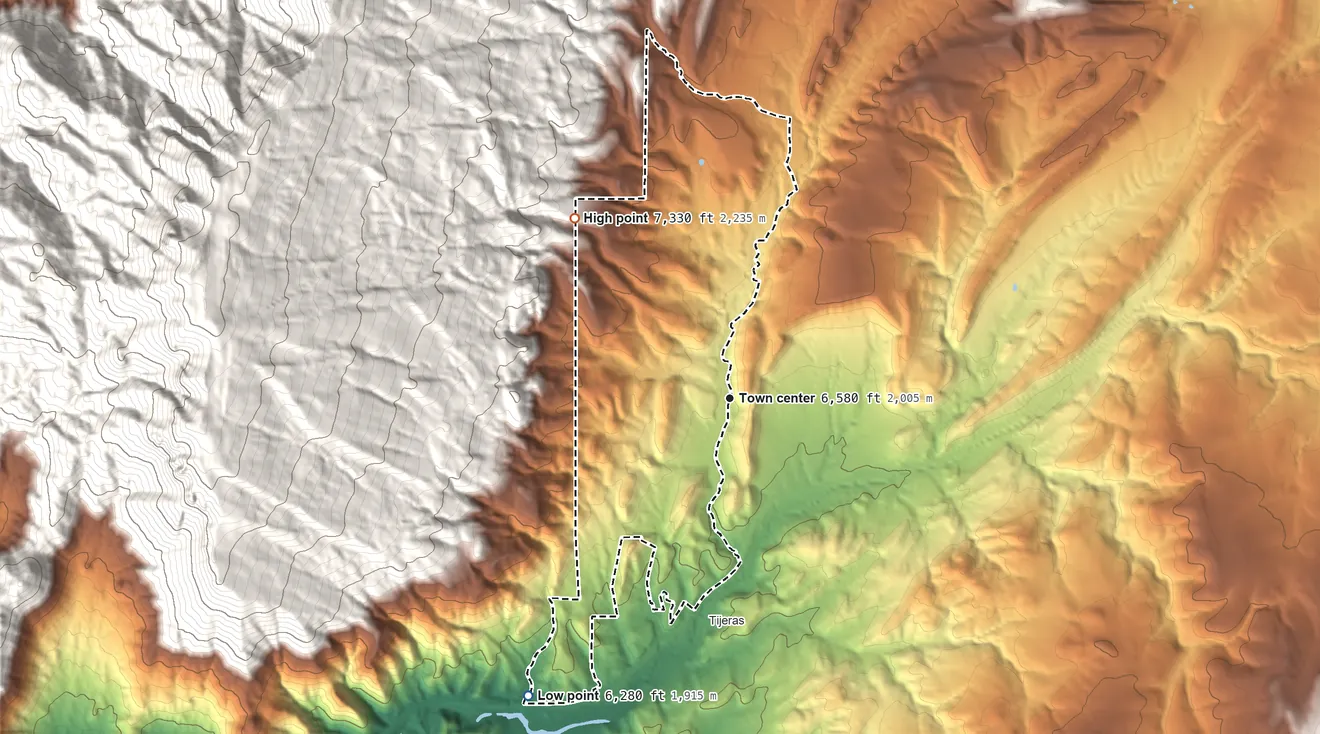 Topographic elevation map of Cedar Crest, New Mexico, shaded from 6,280 ft on the southwest side to 7,330 ft at the foot of the Sandia Mountains
