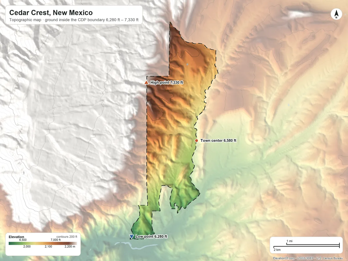 Topographic elevation map of Cedar Crest, New Mexico, shaded from 6,280 ft on the southwest side to 7,330 ft at the foot of the Sandia Mountains