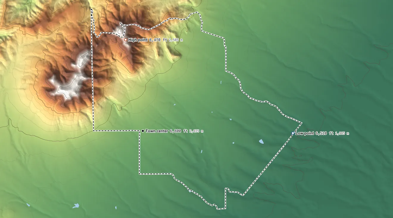 Topographic elevation map of Cedar Grove, New Mexico, shaded from 6,510 ft on the east side to 8,470 ft on the north side