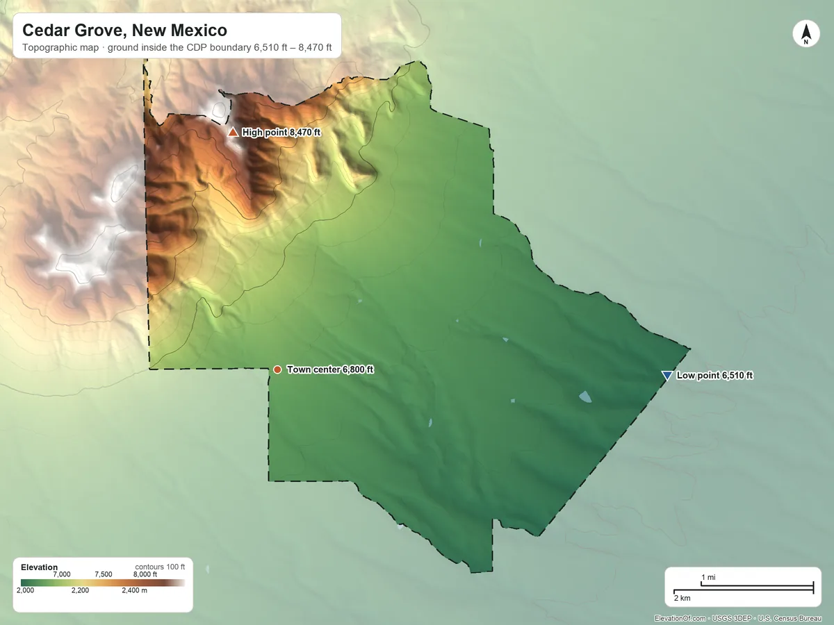 Topographic elevation map of Cedar Grove, New Mexico, shaded from 6,510 ft on the east side to 8,470 ft on the north side