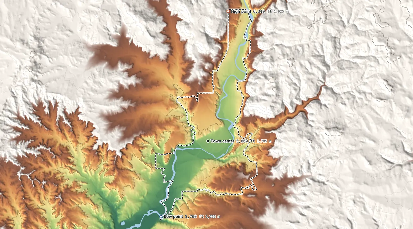 Topographic elevation map of Cedar Hill, New Mexico, shaded from 5,760 ft on the southwest side to 6,310 ft on the north edge, below higher ground just outside