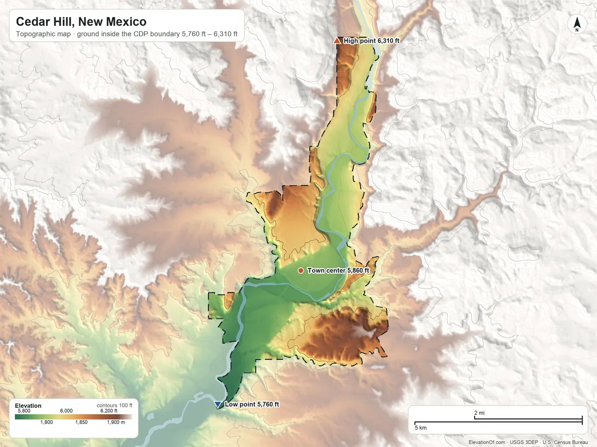 Topographic elevation map of Cedar Hill, New Mexico, shaded from 5,760 ft on the southwest side to 6,310 ft on the north edge, below higher ground just outside