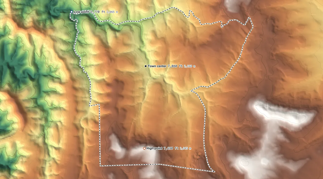Topographic elevation map of Cedro, New Mexico, shaded from 6,770 ft on the northwest side to 7,690 ft on the south side