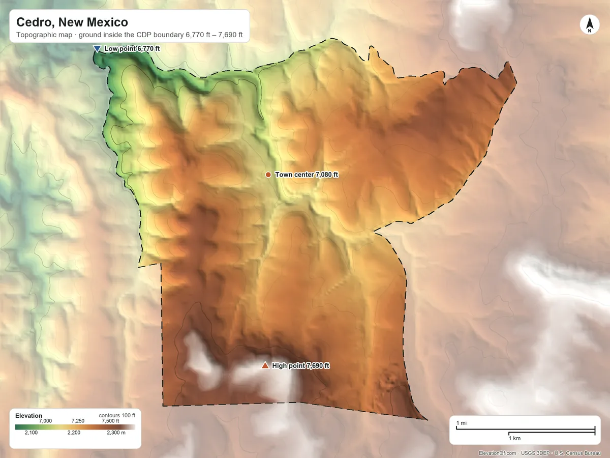 Topographic elevation map of Cedro, New Mexico, shaded from 6,770 ft on the northwest side to 7,690 ft on the south side