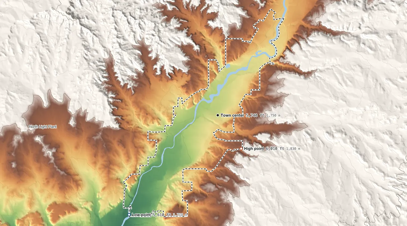 Topographic elevation map of Center Point, New Mexico, shaded from 5,610 ft on the southwest side to 6,010 ft on the southeast side