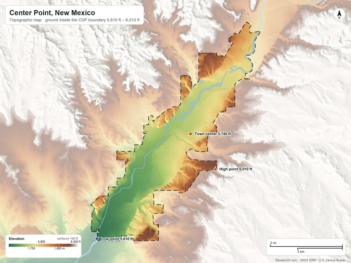 Topographic elevation map of Center Point, New Mexico, shaded from 5,610 ft on the southwest side to 6,010 ft on the southeast side
