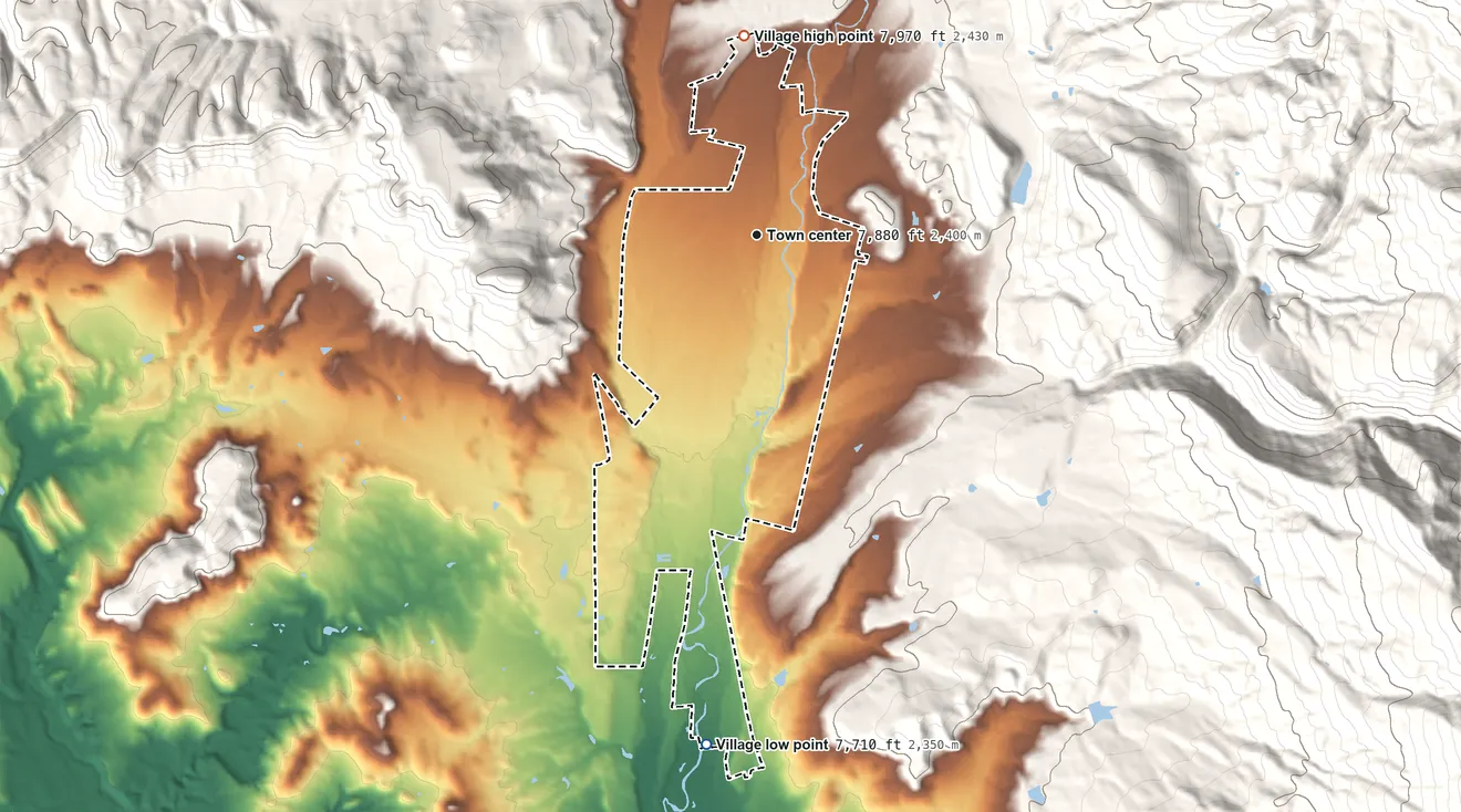 Topographic elevation map of Chama, New Mexico, shaded from 7,710 ft on the south side to 7,970 ft on the north edge, below higher ground just outside