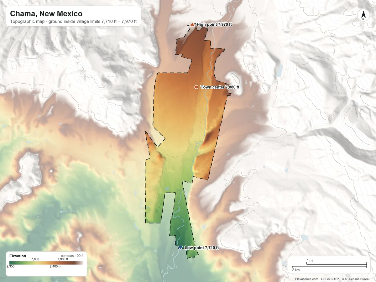 Topographic elevation map of Chama, New Mexico, shaded from 7,710 ft on the south side to 7,970 ft on the north edge, below higher ground just outside