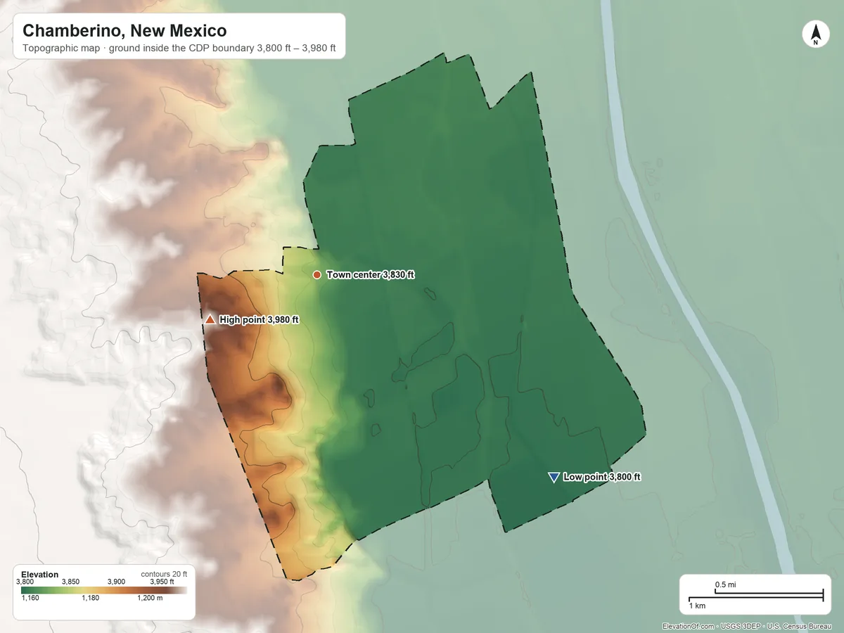 Topographic elevation map of Chamberino, New Mexico, shaded from 3,800 ft on the southeast side to 3,980 ft on the southwest side