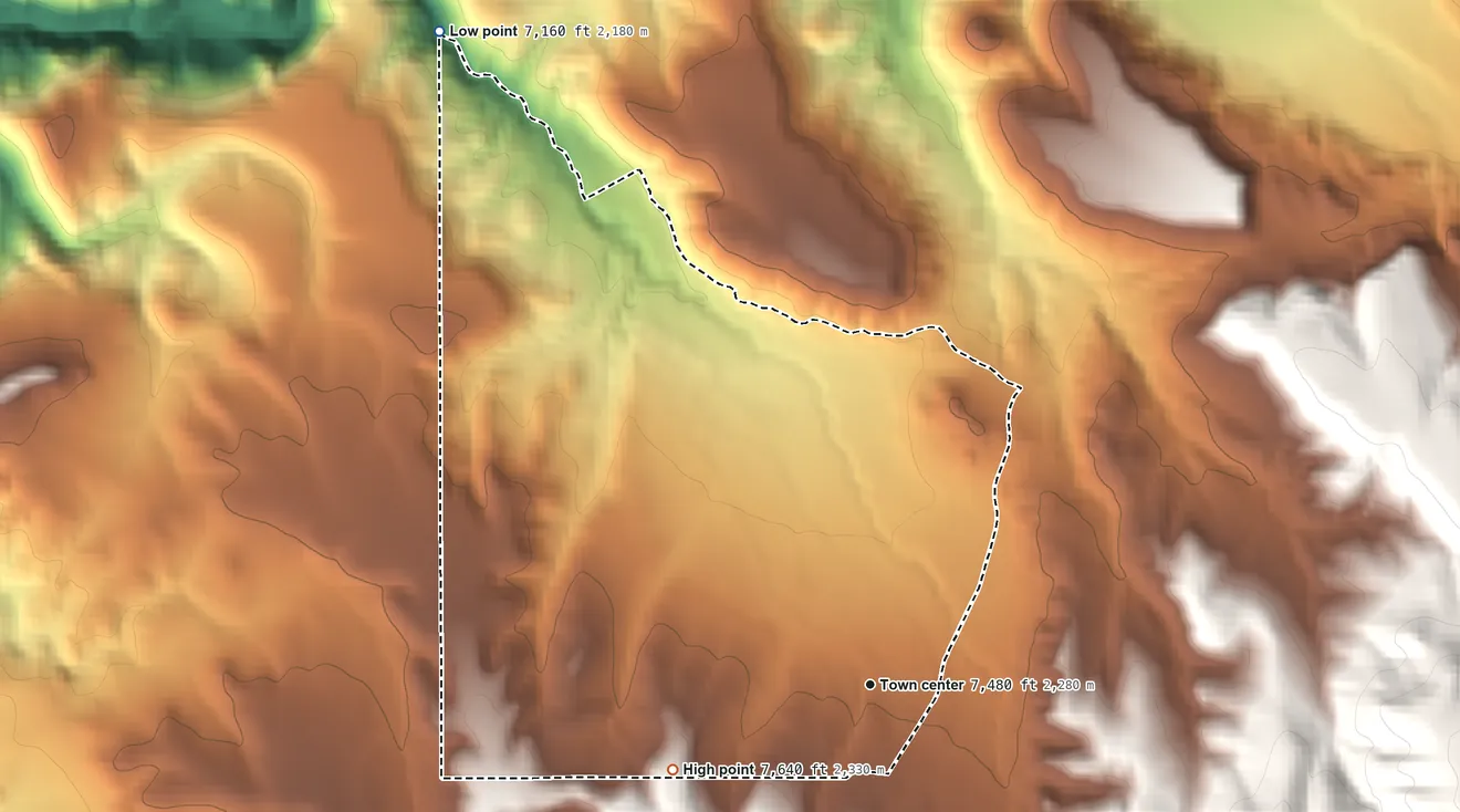 Topographic elevation map of Chamisal, New Mexico, shaded from 7,160 ft on the northwest side to 7,640 ft on the southwest edge, below higher ground just outside