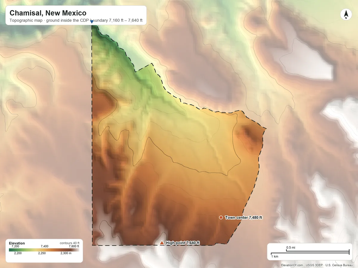 Topographic elevation map of Chamisal, New Mexico, shaded from 7,160 ft on the northwest side to 7,640 ft on the southwest edge, below higher ground just outside