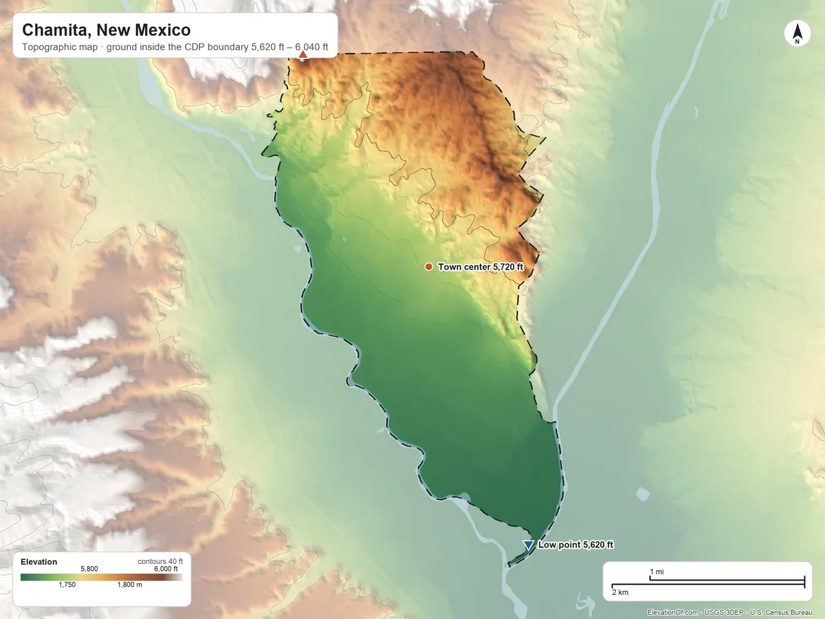 Topographic elevation map of Chamita, New Mexico, shaded from 5,620 ft on the south side to 6,040 ft on the northwest edge, below higher ground just outside