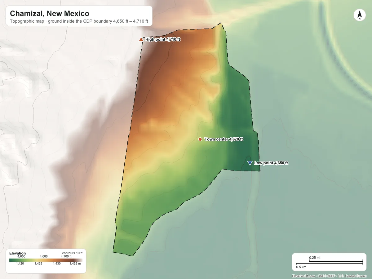 Topographic elevation map of Chamizal, New Mexico, shaded from 4,650 ft on the southeast side to 4,710 ft at the foot of the Cerritos de las Minas