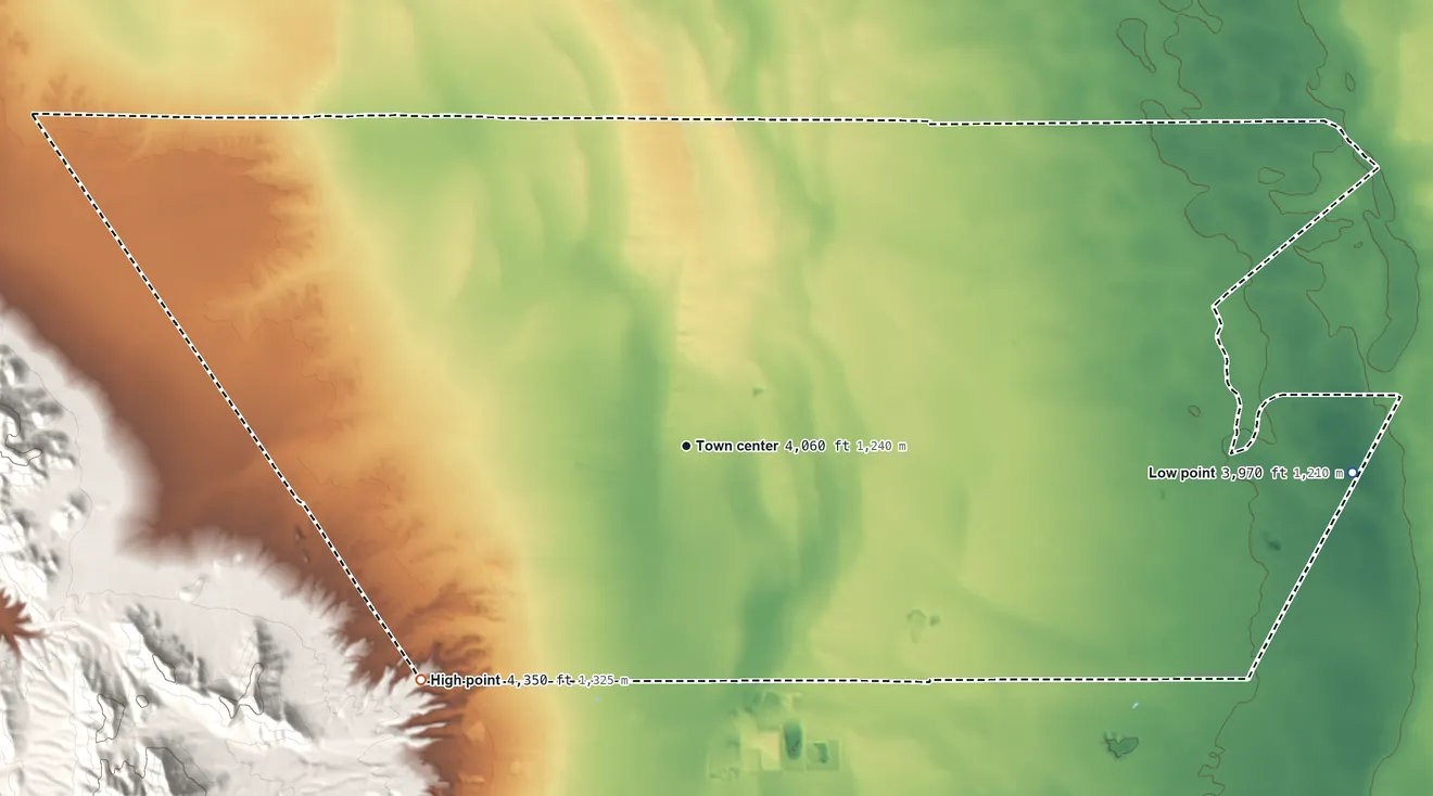 Topographic elevation map of Chaparral, New Mexico, shaded from 3,970 ft on the east side to 4,350 ft on the southwest edge, below higher ground just outside