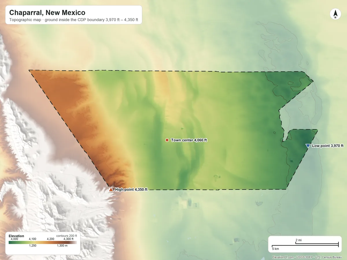 Topographic elevation map of Chaparral, New Mexico, shaded from 3,970 ft on the east side to 4,350 ft on the southwest edge, below higher ground just outside