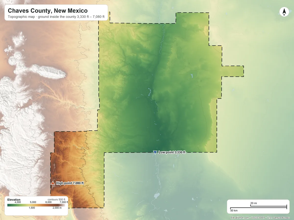 Topographic elevation map of Chaves County, New Mexico, shaded from 3,330 ft on the south side to 7,080 ft on One Tree Peak