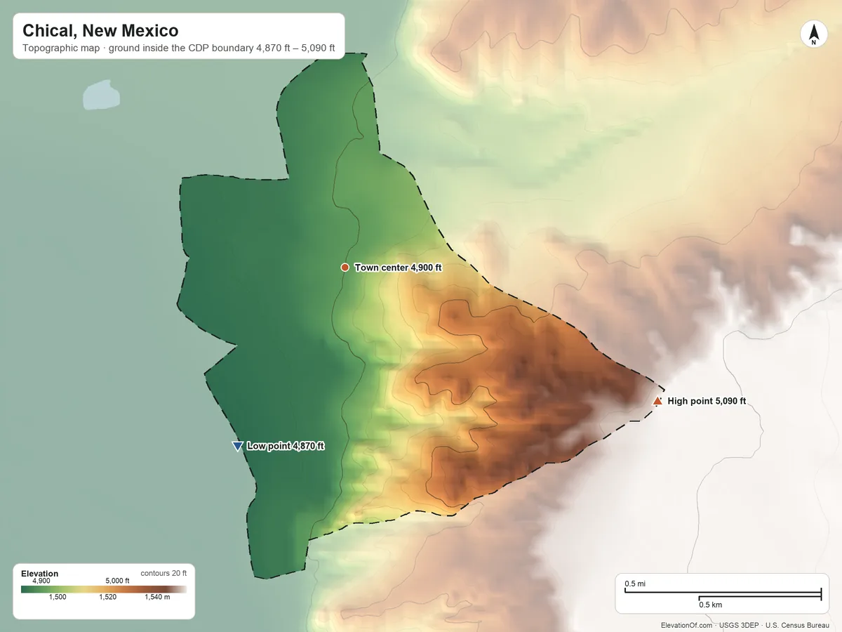 Topographic elevation map of Chical, New Mexico, shaded from 4,870 ft on the southwest side to 5,090 ft on the southeast side