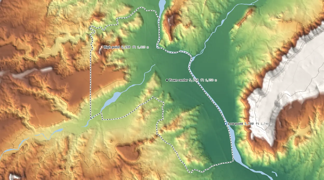 Topographic elevation map of Chili, New Mexico, shaded from 5,700 ft on the southeast side to 6,280 ft on the northwest side