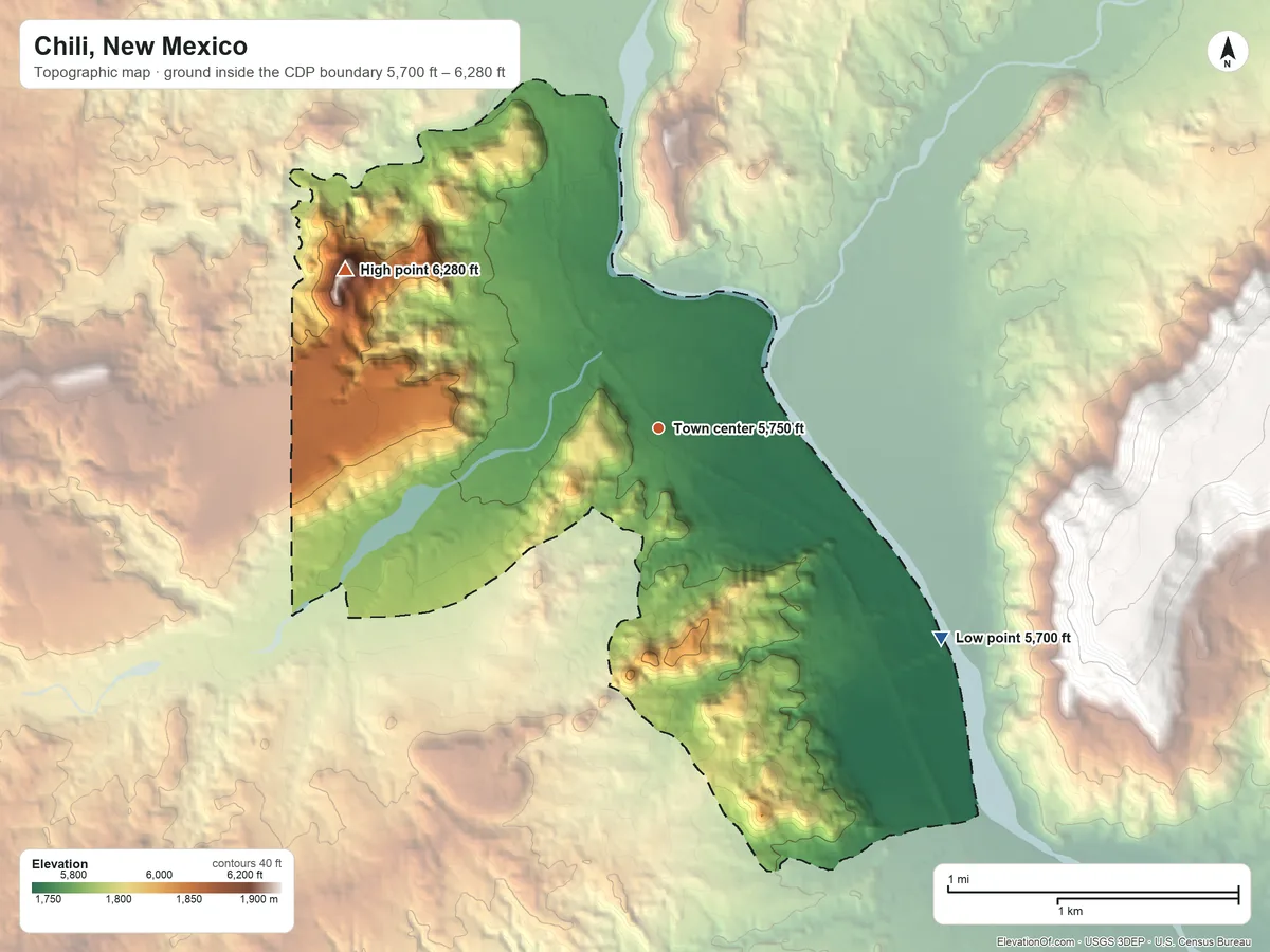 Topographic elevation map of Chili, New Mexico, shaded from 5,700 ft on the southeast side to 6,280 ft on the northwest side