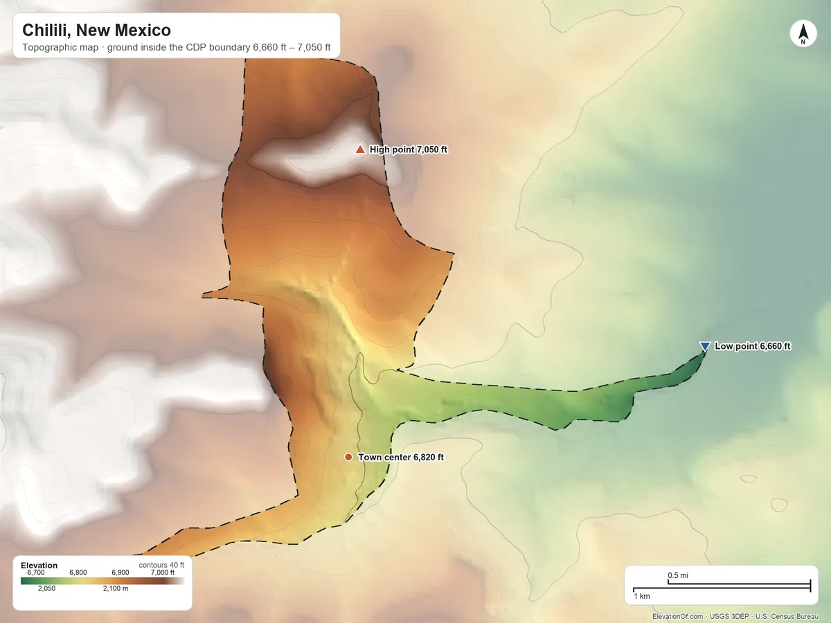Topographic elevation map of Chilili, New Mexico, shaded from 6,660 ft on the east side to 7,050 ft on the north side